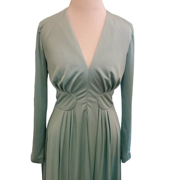 Vintage 70s Womens Sz Medium Mint Green Long Sleeve‎ Maxi Hostess Dress V-neck - Picture 2 of 12